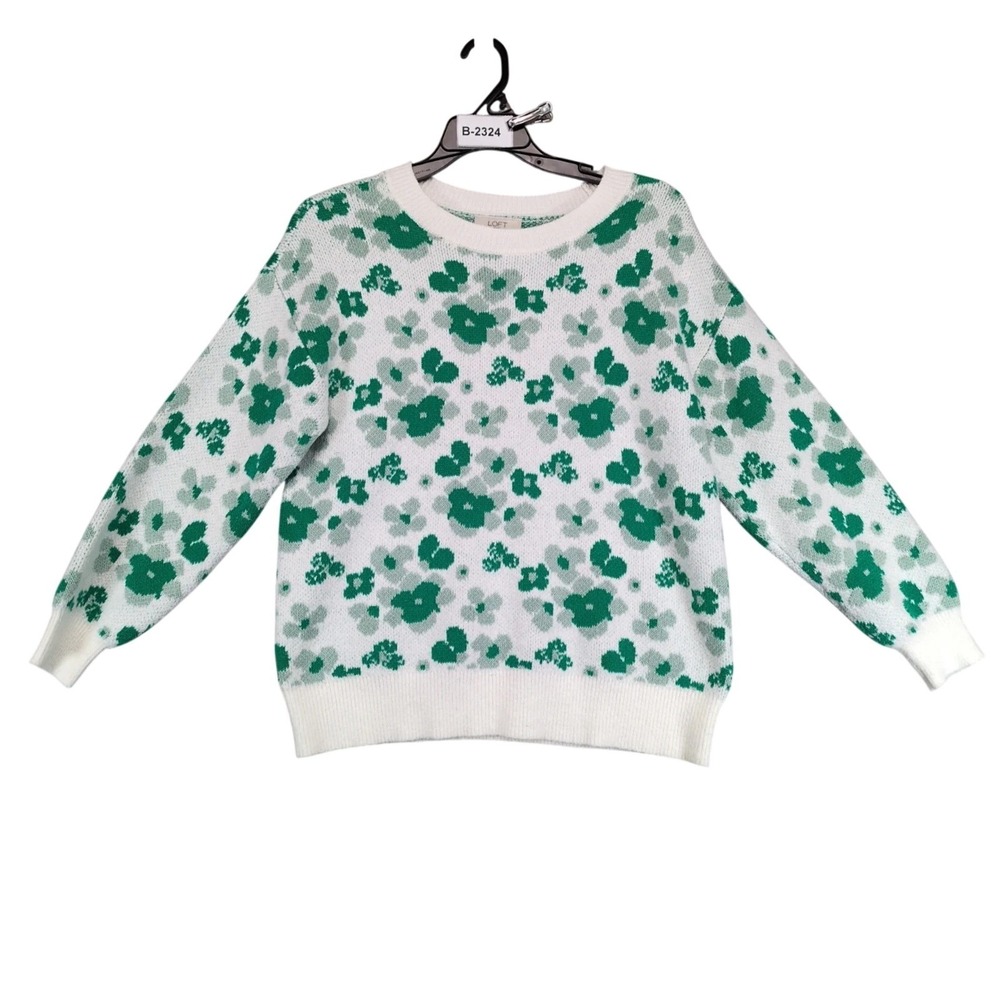 LOFT White Green Floral Pullover Sweater Womens S Cotton Blend Preppy Cottage